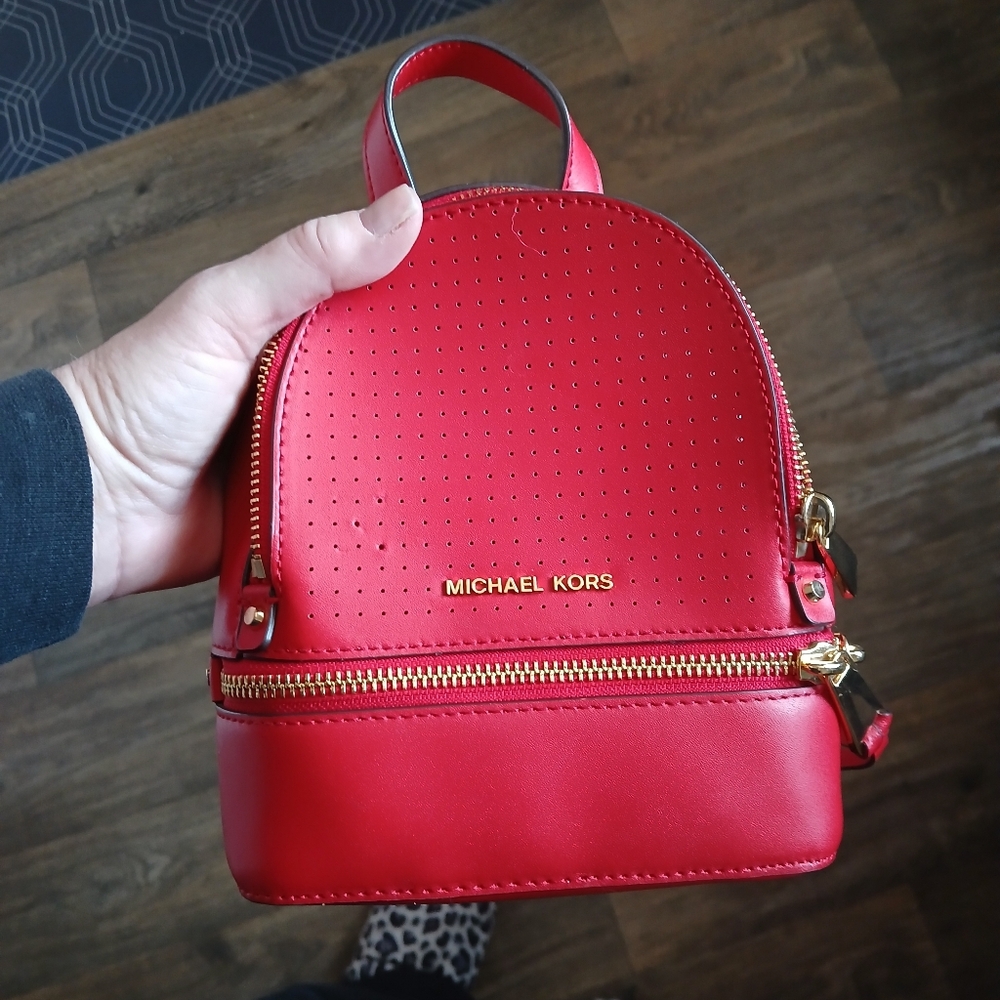 New Michael Kors Rhea Zip Mini Perforated Leather Backpack in Bright Red. - Picture 6 of 16
